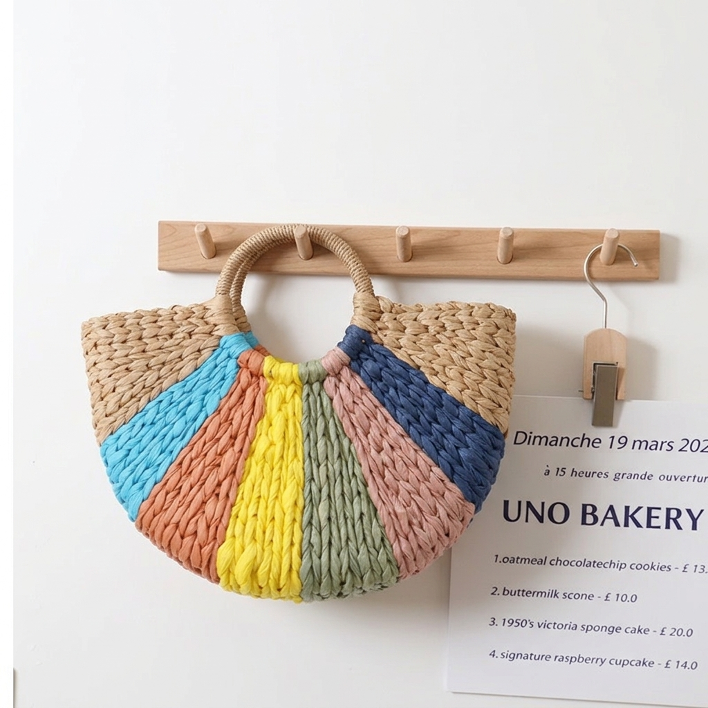 Women’s Beach Bag Rainbow Woven Tote | Half Moon Round Handles