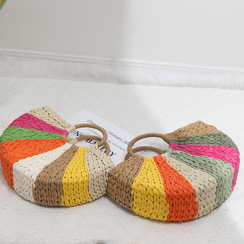 Women’s Beach Bag Rainbow Woven Tote | Half Moon Round Handles