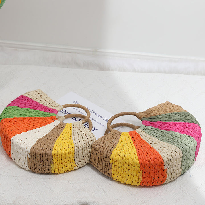 Women’s Beach Bag Rainbow Woven Tote | Half Moon Round Handles