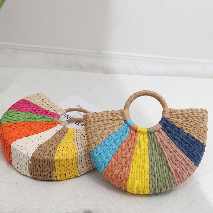 Women’s Beach Bag Rainbow Woven Tote | Half Moon Round Handles