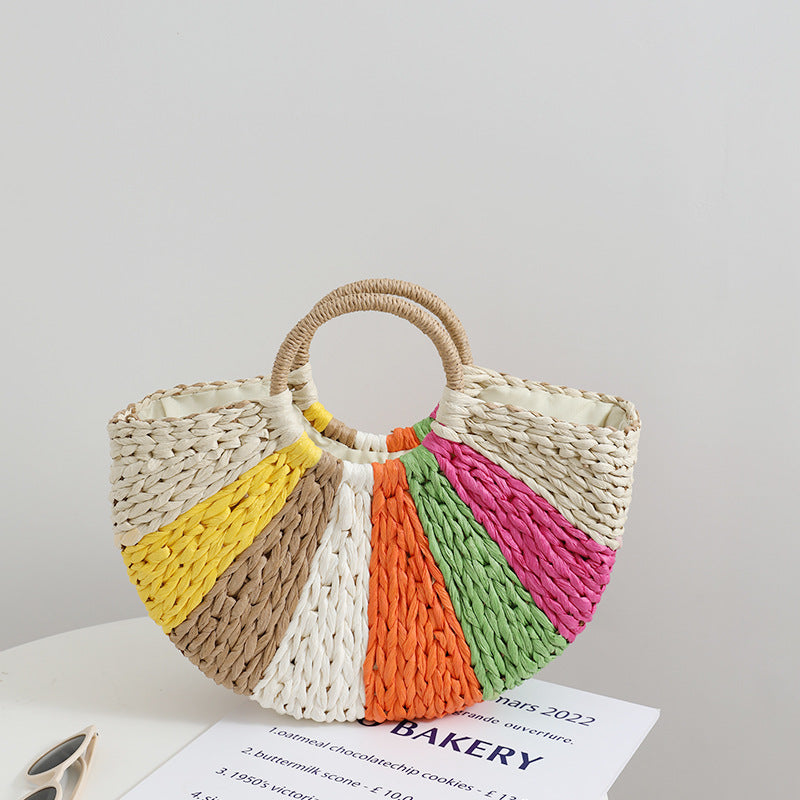 Women’s Beach Bag Rainbow Woven Tote | Half Moon Round Handles