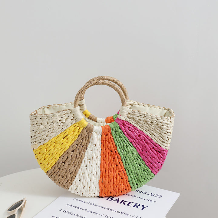 Women’s Beach Bag Rainbow Woven Tote | Half Moon Round Handles