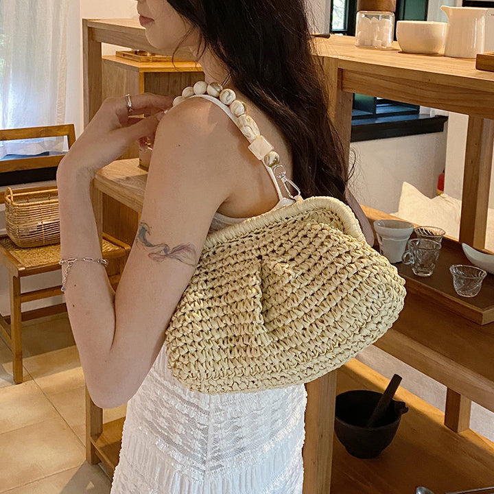 Women’s Beach Bag Woven Shoulder Bag | Marble Effect Beads