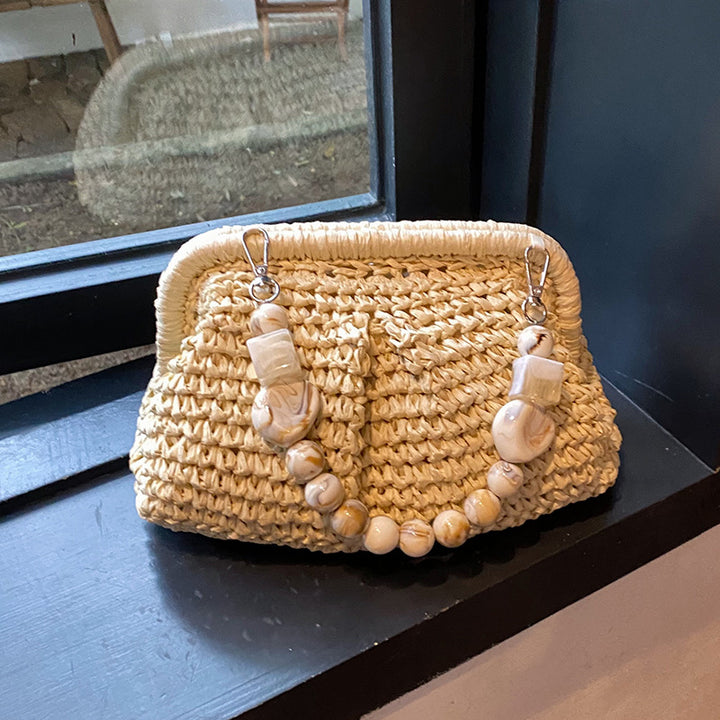 Women’s Beach Bag Woven Shoulder Bag | Marble Effect Beads
