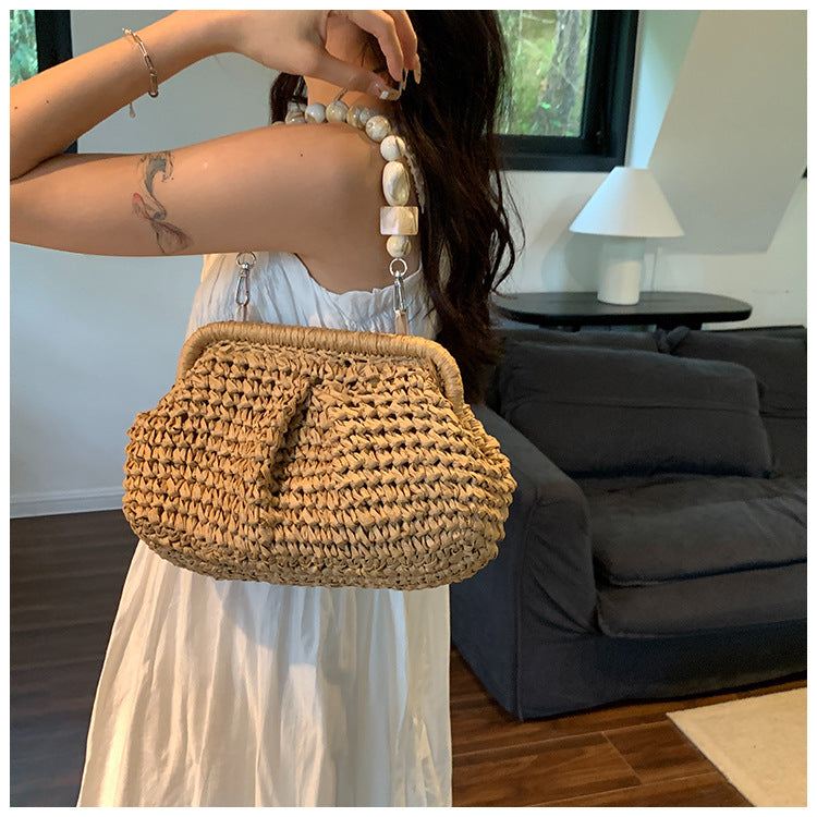 Women’s Beach Bag Woven Shoulder Bag | Marble Effect Beads