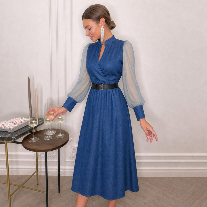Women's Belted Midi Dress with Keyhole Neckline | Long Sleeve