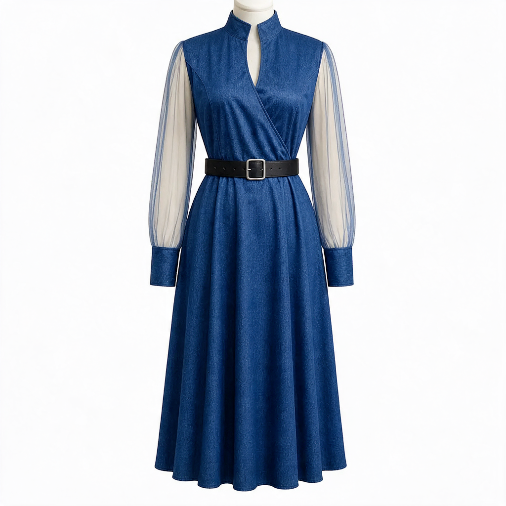 Women's Belted Midi Dress with Keyhole Neckline | Long Sleeve