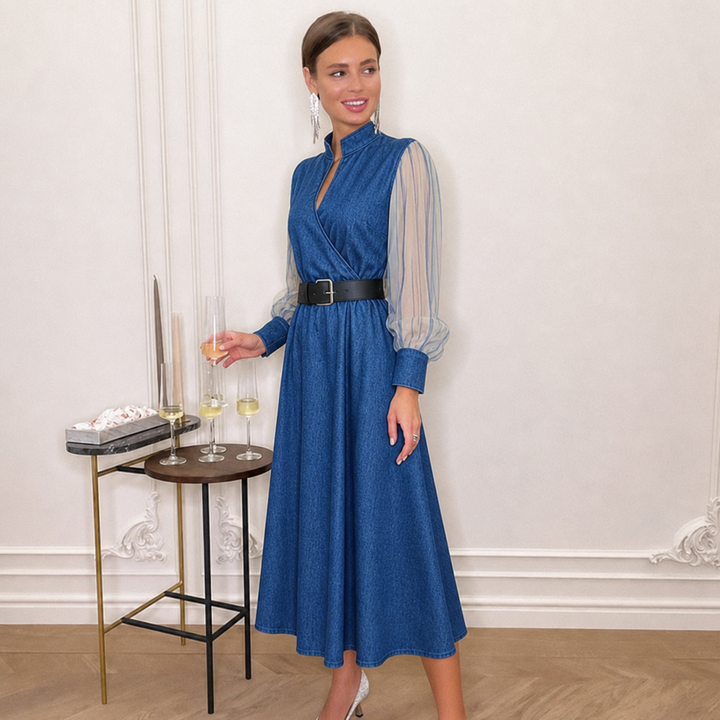 Women's Belted Midi Dress with Keyhole Neckline | Long Sleeve