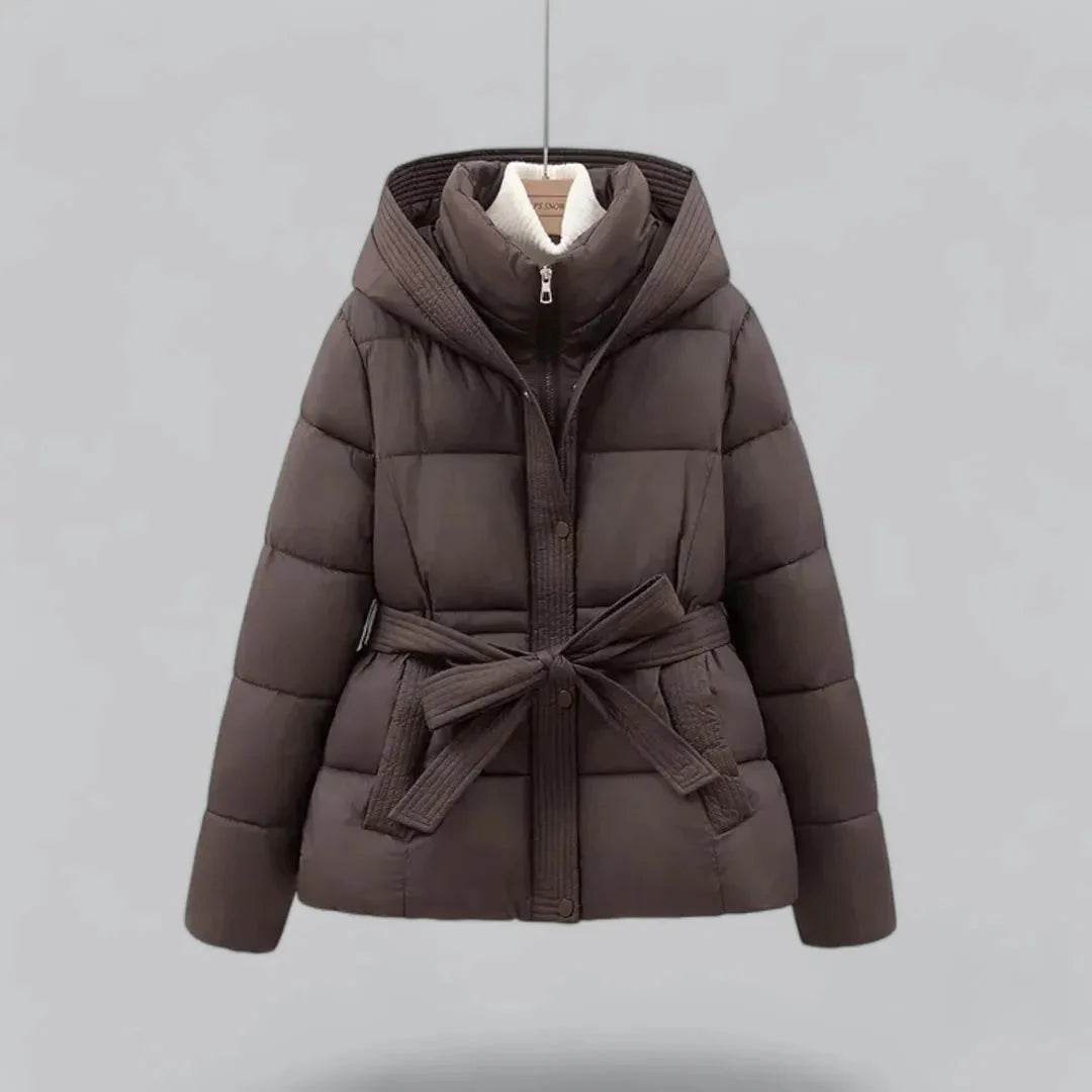 Women's Belted Puffer Jacket with Hood | Zip Up