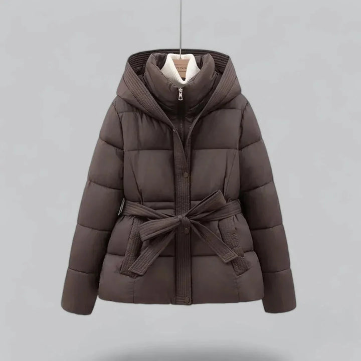 Women's Belted Puffer Jacket with Hood | Zip Up