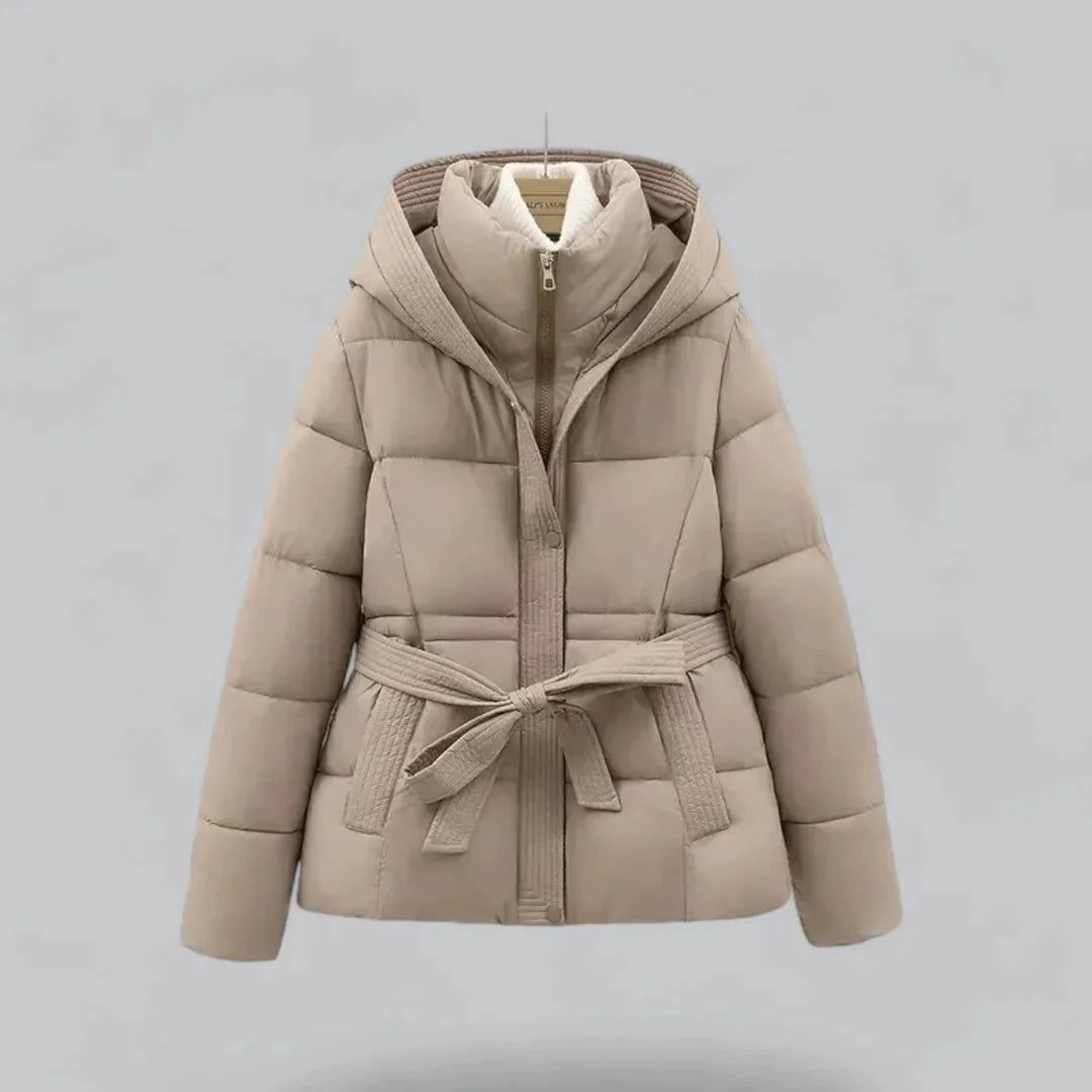 Women's Belted Puffer Jacket with Hood | Zip Up