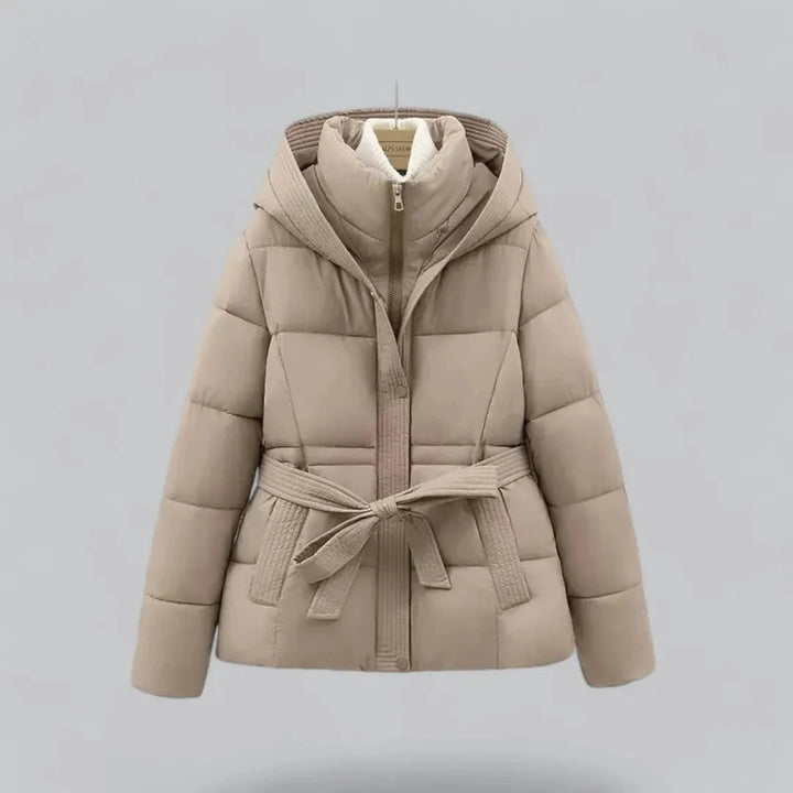 Women's Belted Puffer Jacket with Hood | Zip Up