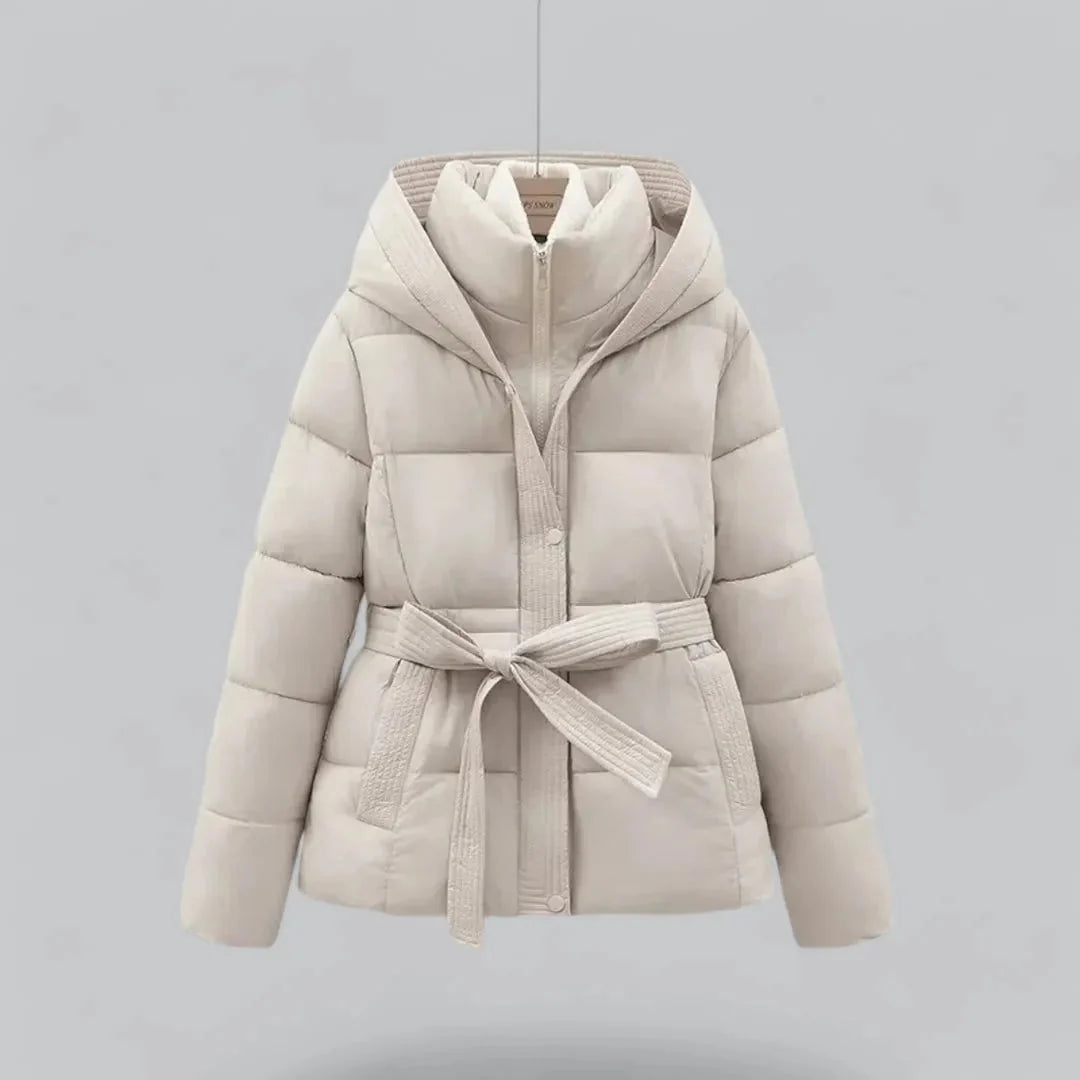 Women's Belted Puffer Jacket with Hood | Zip Up
