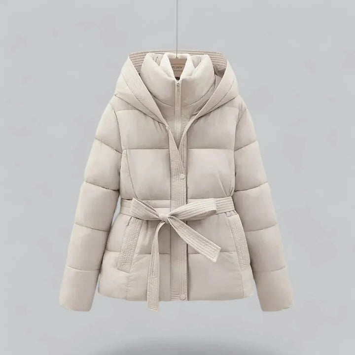 Women's Belted Puffer Jacket with Hood | Zip Up