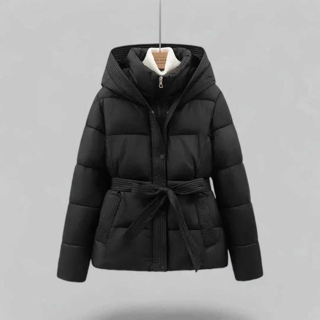 Women's Belted Puffer Jacket with Hood | Zip Up