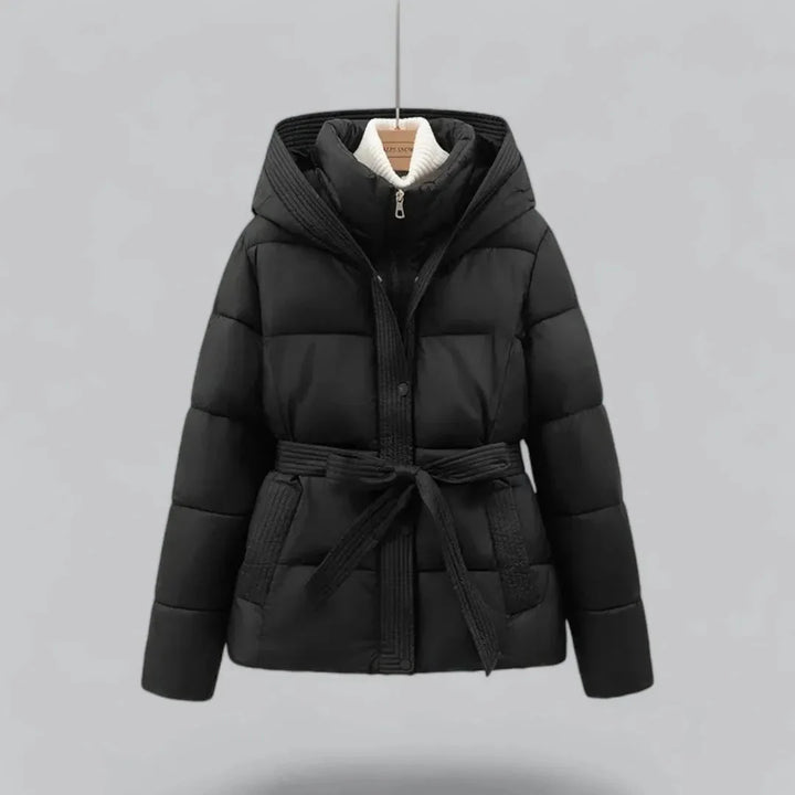 Women's Belted Puffer Jacket with Hood | Zip Up