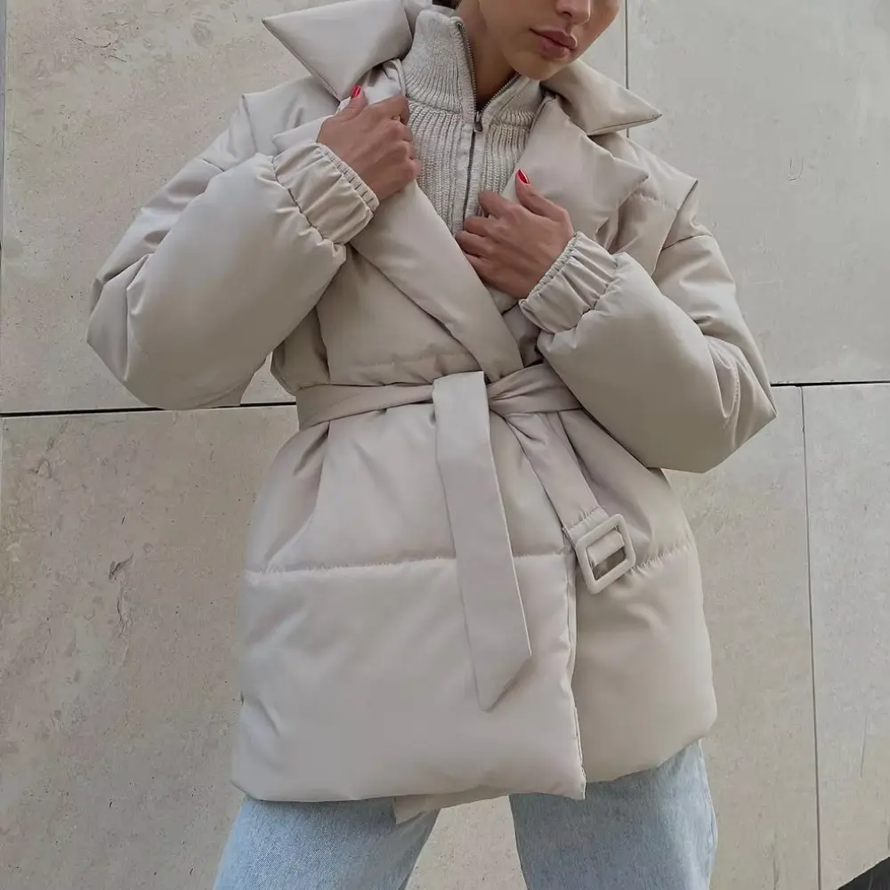 Women's Belted Puffer Winter Jacket with Lapel | Wrap