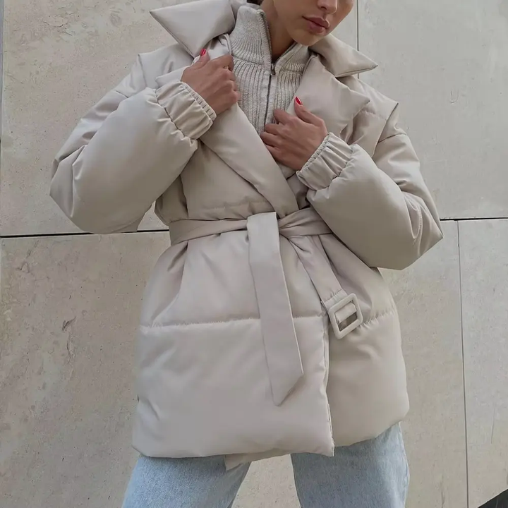 Women's Belted Puffer Winter Jacket with Lapel | Wrap