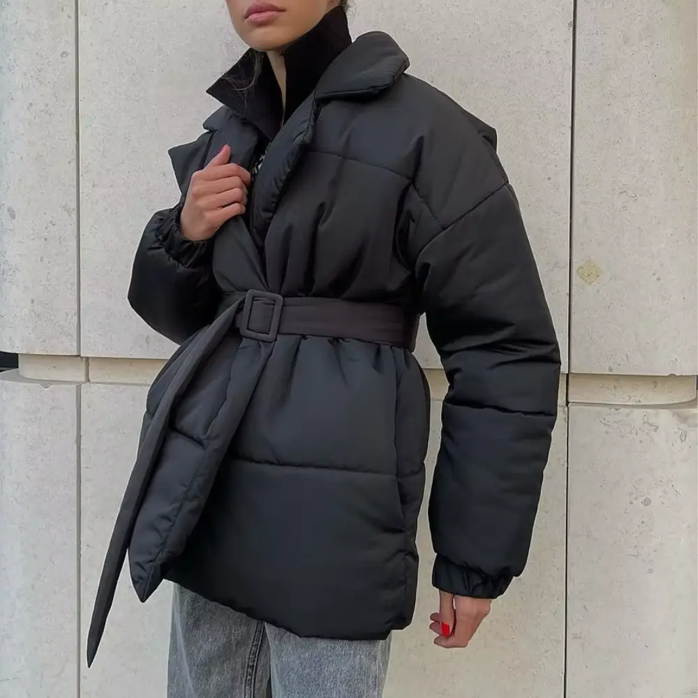 Women's Belted Puffer Winter Jacket with Lapel | Wrap