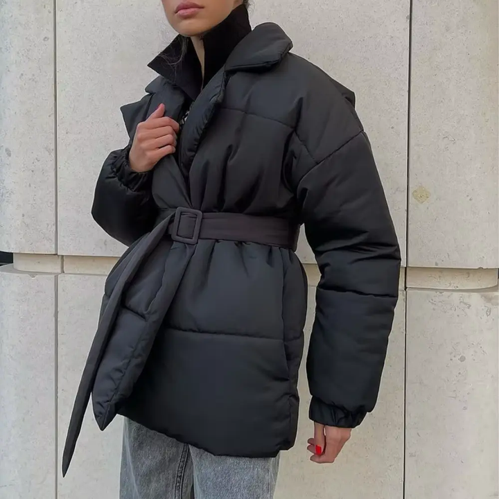 Women's Belted Puffer Winter Jacket with Lapel | Wrap