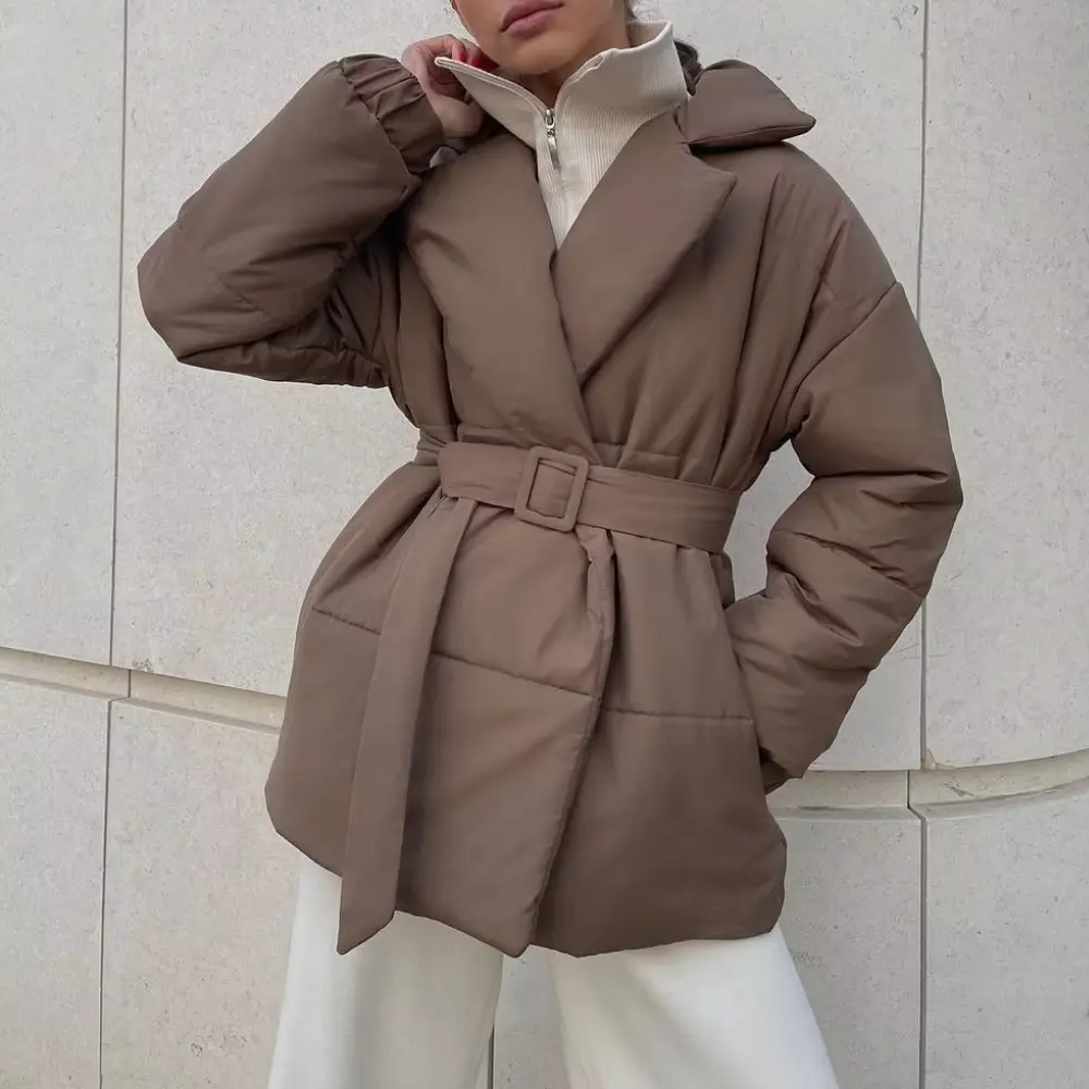 Women's Belted Puffer Winter Jacket with Lapel | Wrap