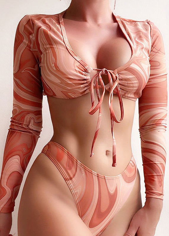 Women’s Bikini Set with Long Sleeves & Tie Front | Swirl Print