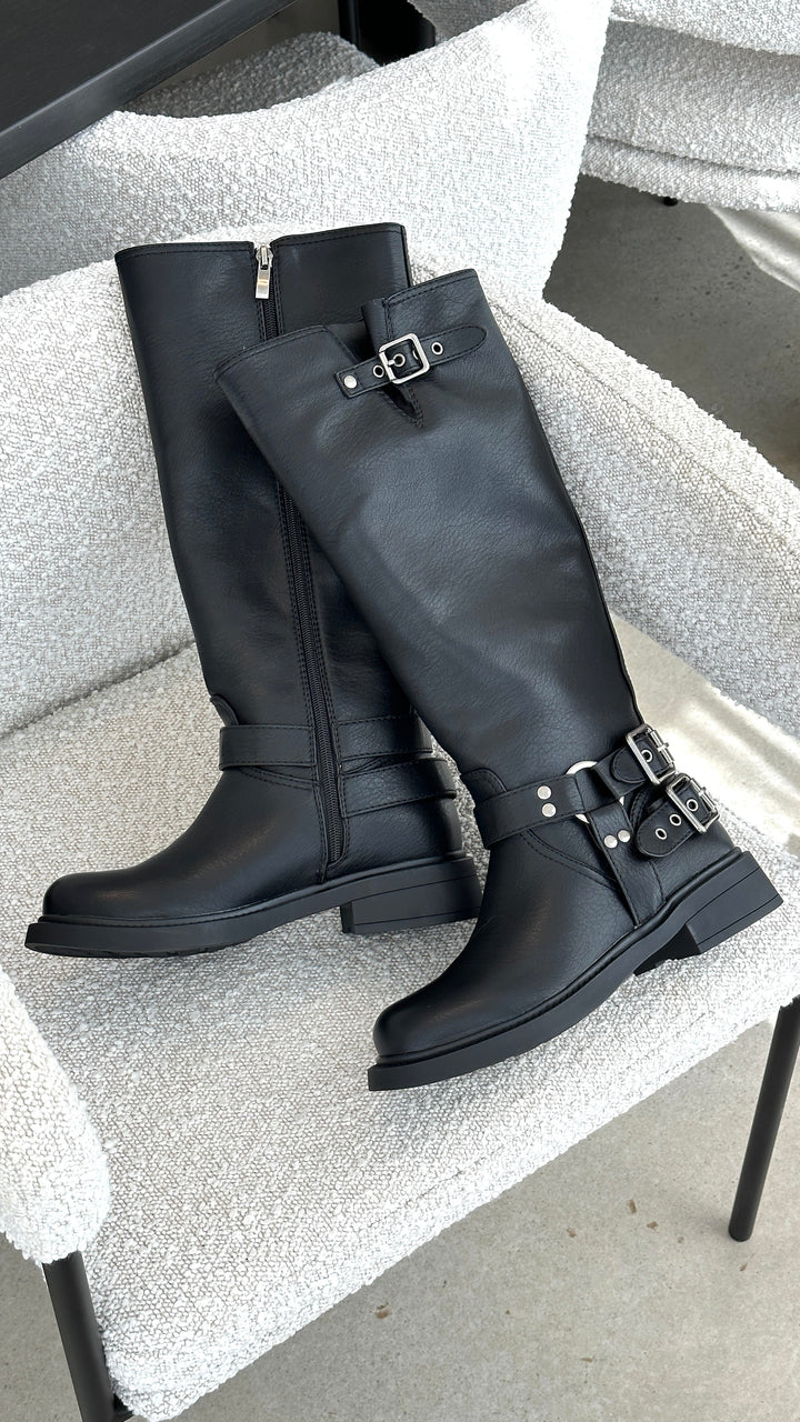 Women's Black Boots Buckle | Long Knee-High
