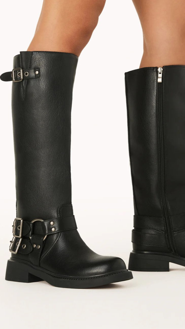 Women's Black Boots Buckle | Long Knee-High