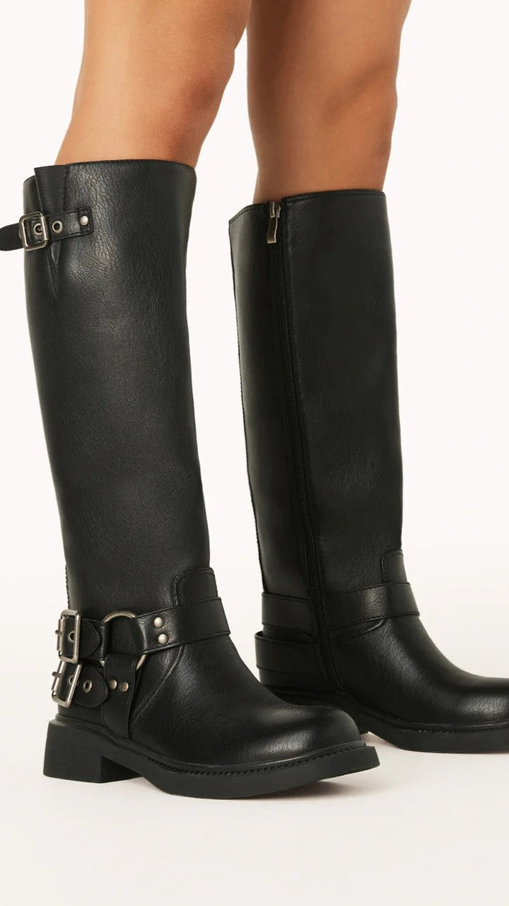 Women's Black Boots Buckle | Long Knee-High