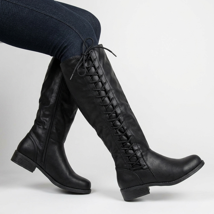 Women's Black Boots Knee High with Side Lace | Block Heel