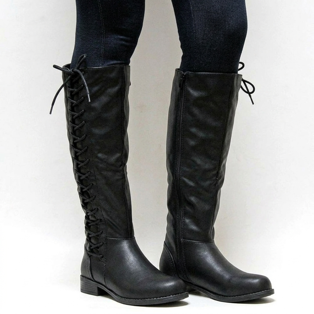 Women's Black Boots Knee High with Side Lace | Block Heel