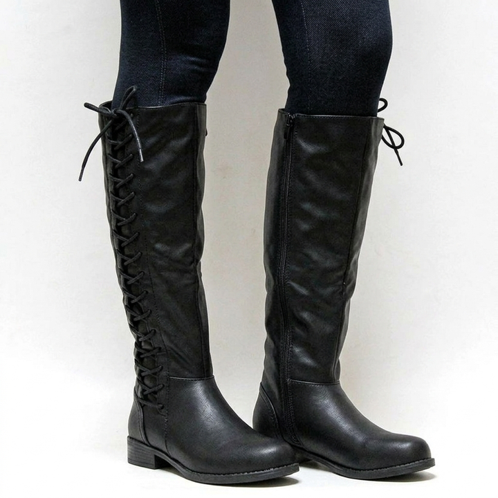 Women's Black Boots Knee High with Side Lace | Block Heel