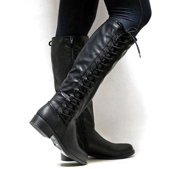 Women's Black Boots Knee High with Side Lace | Block Heel