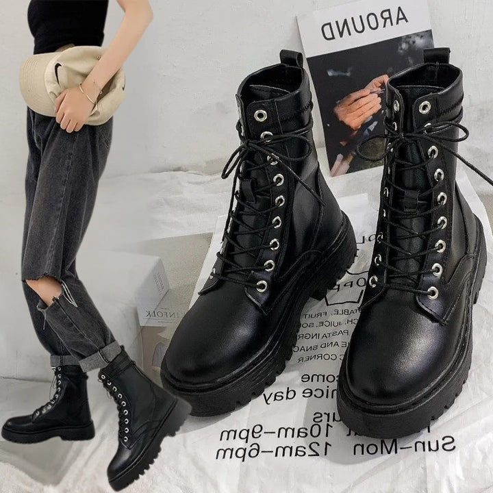 Women's Black Boots Lace-Up | Chunky Platform