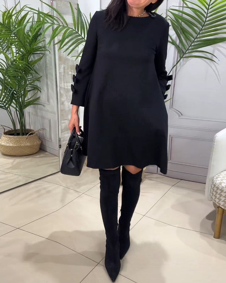 Women's Black Dress with Bow Sleeves & Round Neck | Mini