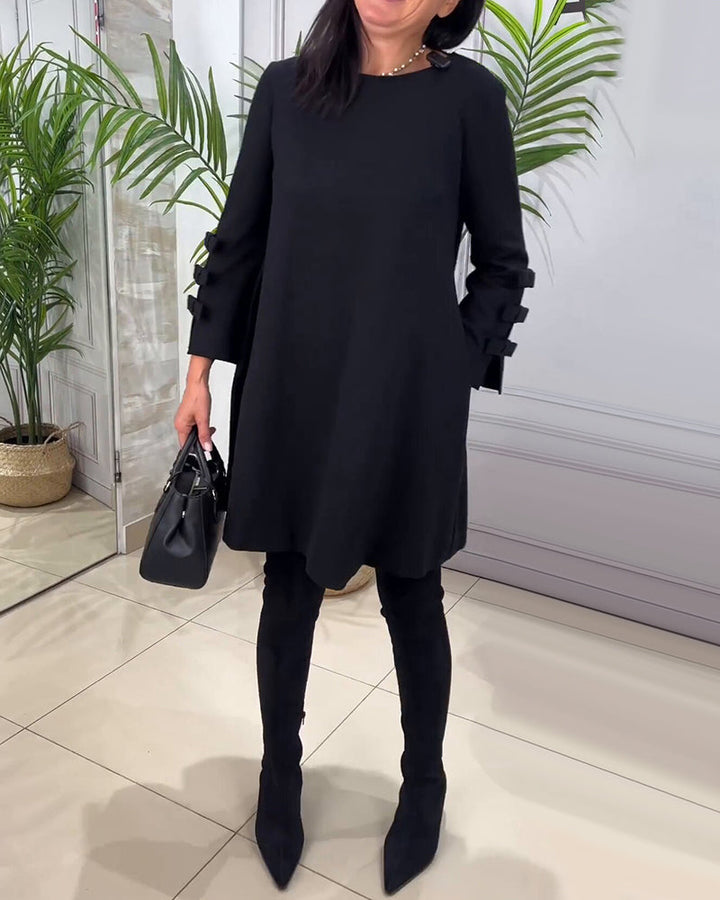 Women's Black Dress with Bow Sleeves & Round Neck | Mini
