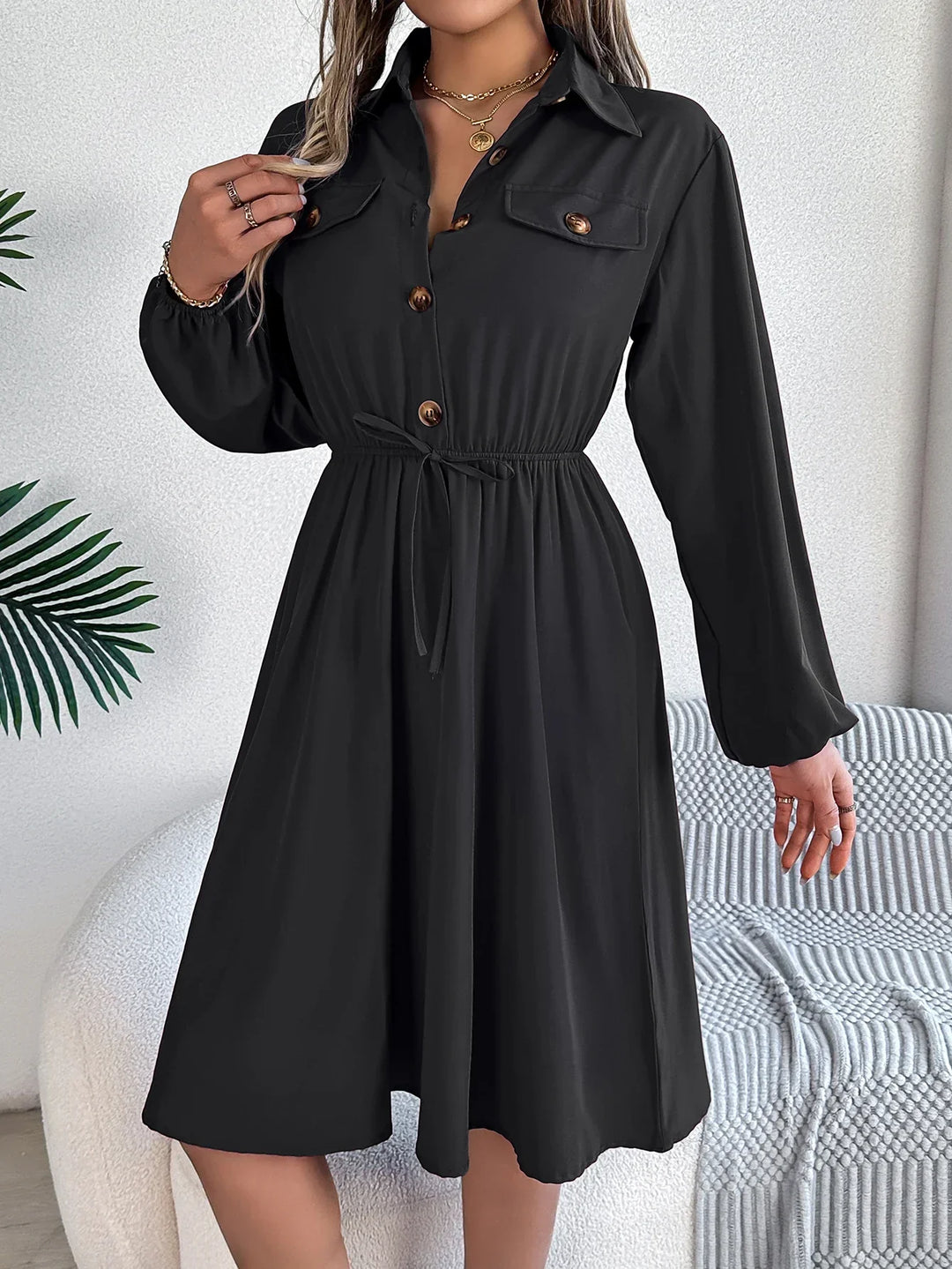 Women's Black Dress with Button Front & Tie Waist | Long sleeve