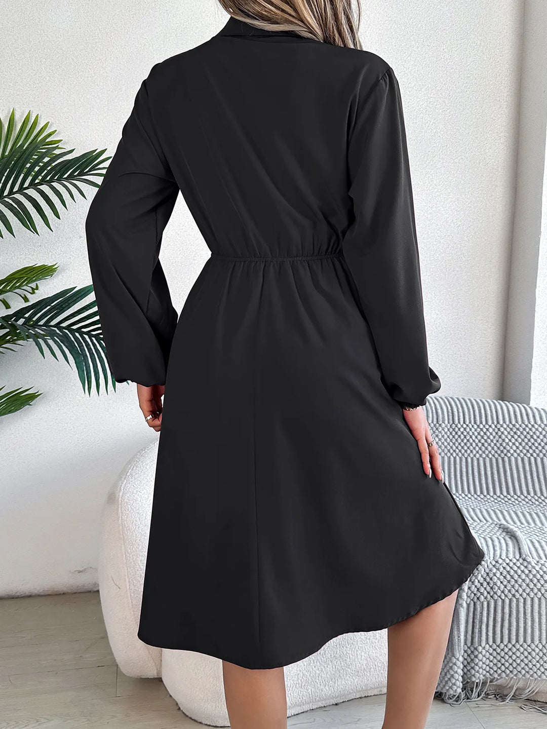 Women's Black Dress with Button Front & Tie Waist | Long sleeve