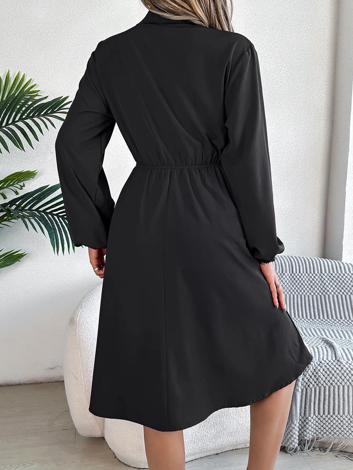 Women's Black Dress with Button Front & Tie Waist | Long sleeve