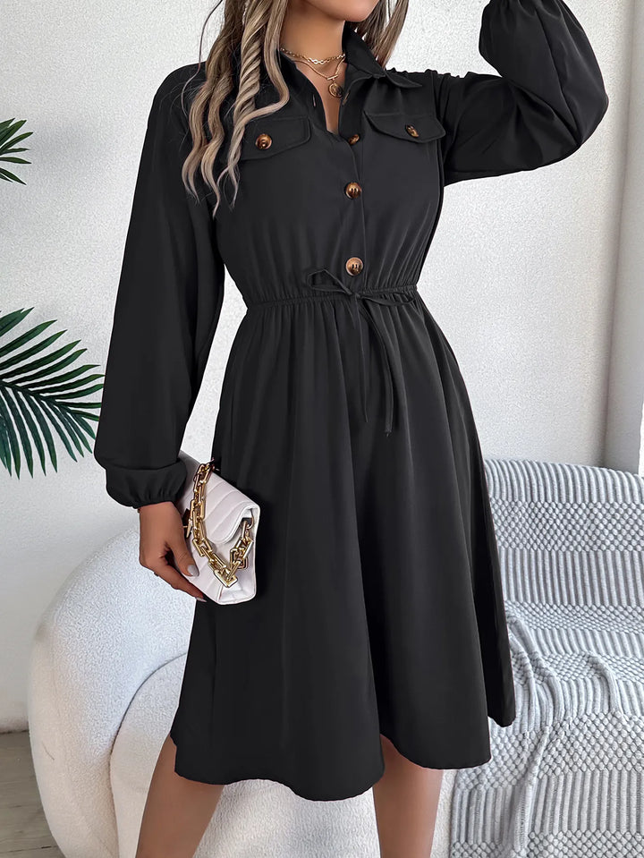 Women's Black Dress with Button Front & Tie Waist | Long sleeve