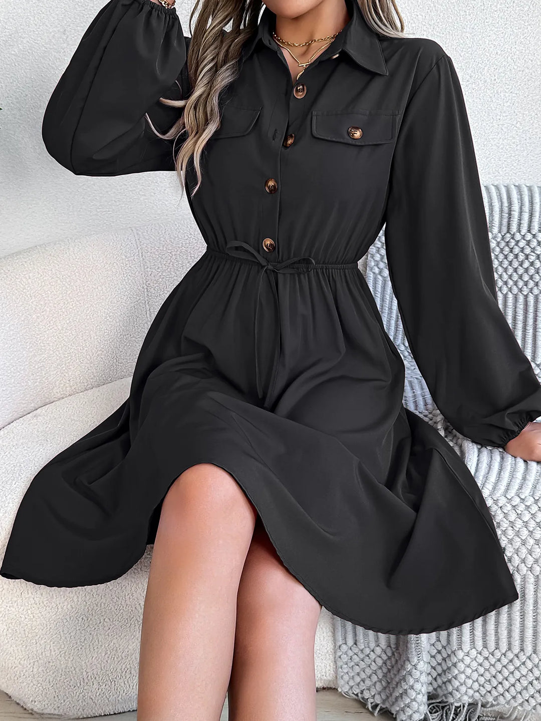 Women's Black Dress with Button Front & Tie Waist | Long sleeve