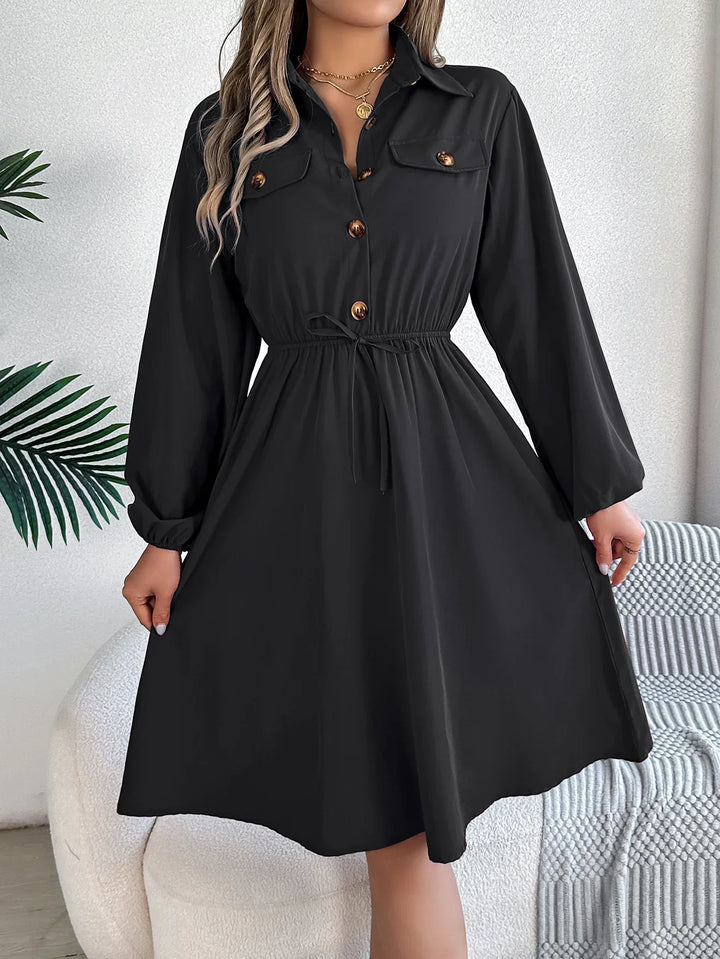 Women's Black Dress with Button Front & Tie Waist | Long sleeve