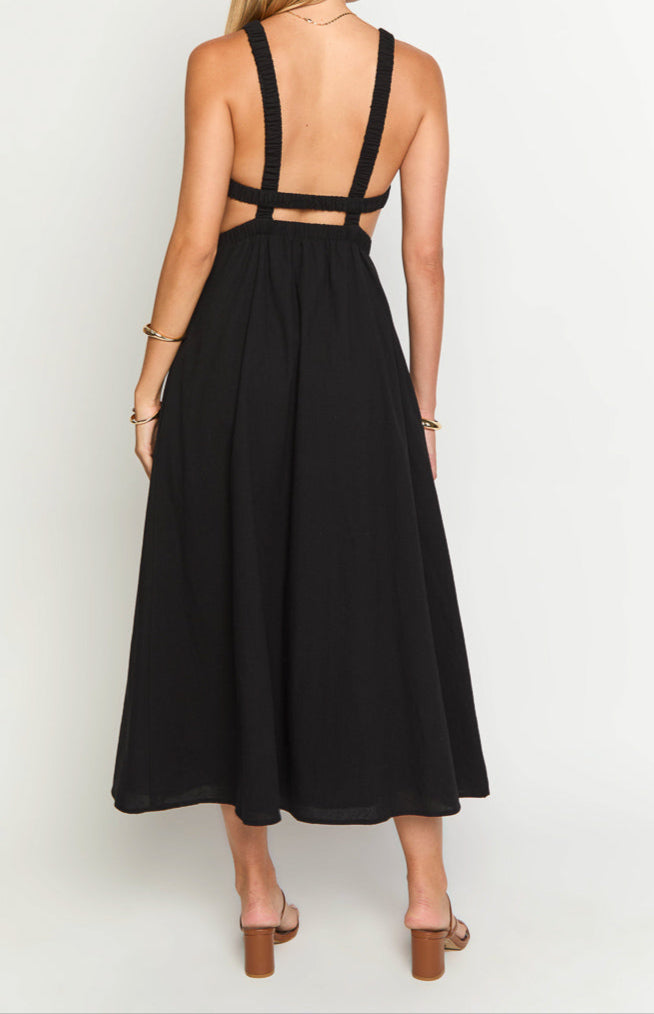 Women's Black Dress with Cutout Waist | Maxi