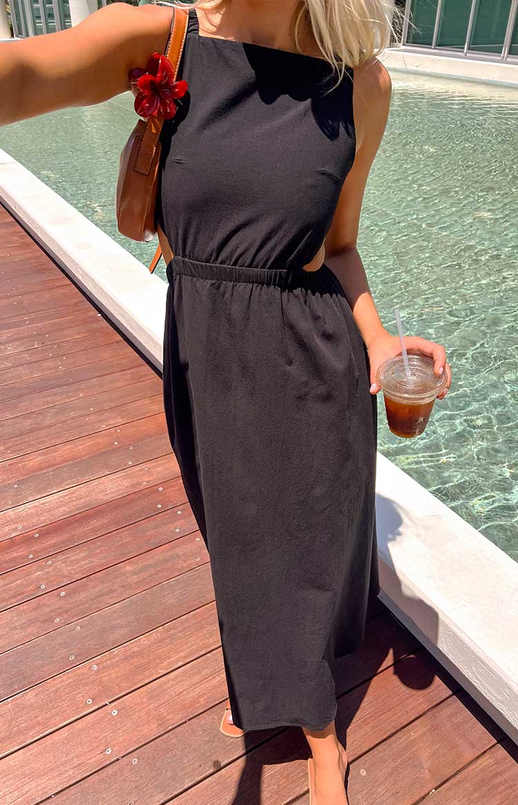 Women's Black Dress with Cutout Waist | Maxi