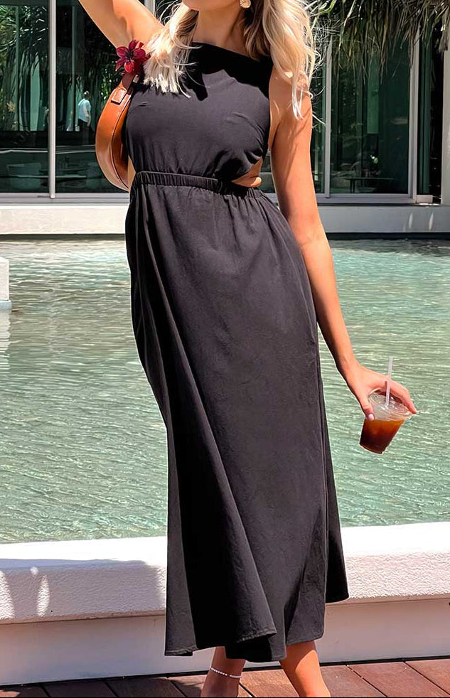 Women's Black Dress with Cutout Waist | Maxi