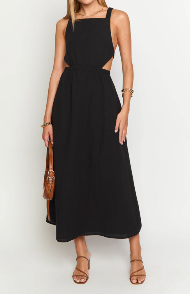 Women's Black Dress with Cutout Waist | Maxi