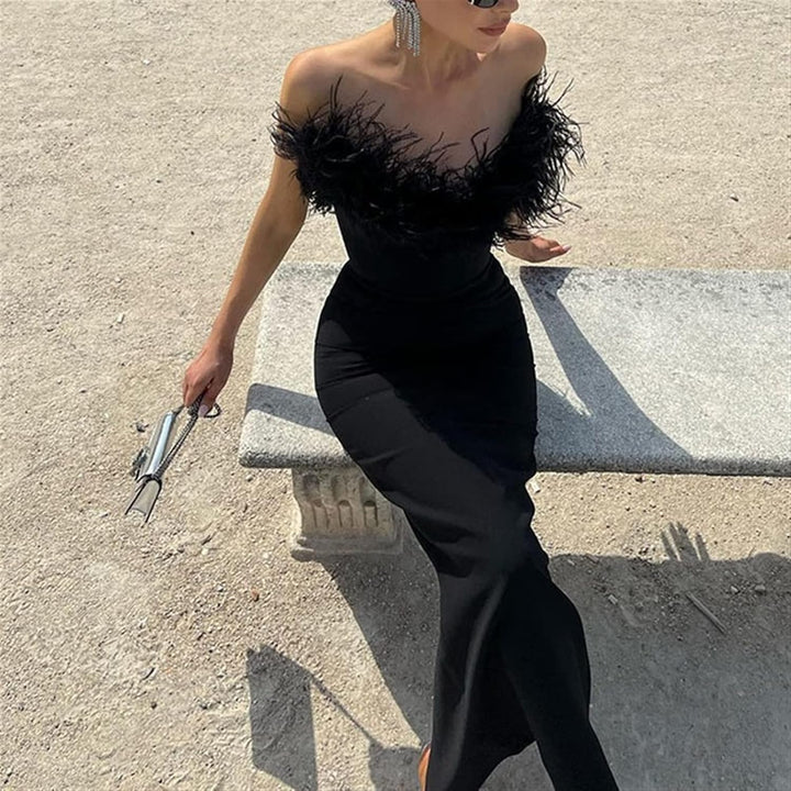 Women's Black Dress with Feather Trim | Evening Maxi