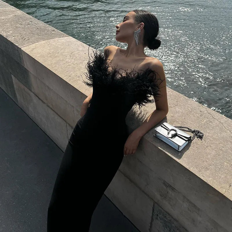 Women's Black Dress with Feather Trim | Evening Maxi