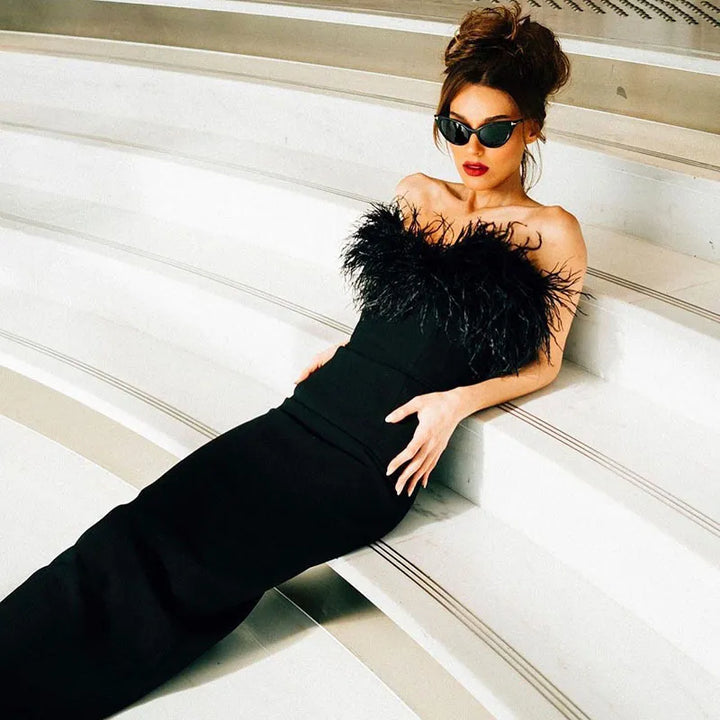 Women's Black Dress with Feather Trim | Evening Maxi