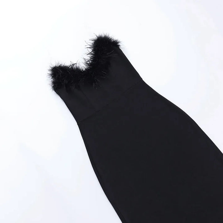 Women's Black Dress with Feather Trim | Evening Maxi